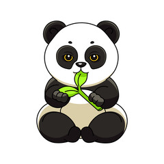 Panda sits and eats bamboo. Vector sticker, emblem.