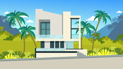 Modern house in the tropical strip. Rest and rental housing on vacation. White house with large windows, a terrace. Tropical plants on the lawn of the house.