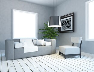 White minimalist room interior with furniture on a wooden floor, frames on a large wall, white landscape in window. Home nordic interior. 3D illustration