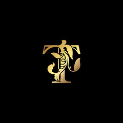 Floral Gold T Luxury Letter Logo Design, Elegance Alphabet Vector Nature Leaf Style.
