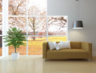 White minimalist room interior with furniture on a wooden floor, frames on a large wall, white landscape in window. Home nordic interior. 3D illustration