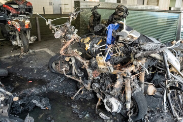 Burned motobikes and scooters after riot in Paris, Gare de Lyon district. 