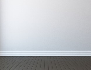 White minimalist room interior with furniture on a wooden floor, frames on a large wall, white landscape in window. Home nordic interior. 3D illustration