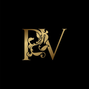 Elegance Luxury deco letter P and V, PV golden logo vector design, alphabet font initial in art decorative style.