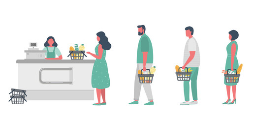 Buyers in the supermarket. There is a supermarket cashier behind the cash register. Shoppers hold food baskets in their hands. Vector ilustration in flat style