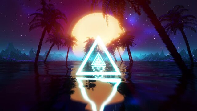 Retro futuristic synthwave landscape seamless loop. Sci-fi VJ 80s stylized vaporwave 3D looping animation with sunset, palms, water, low poly mountains. 4K VHS retrowave intro with sun and neon lights