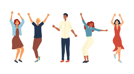 Dance Party Concept. Group Of Fashion People Are Dancing Together. Satisfied Characters In Different Dance Poses. Smiling Young Men and Women Enjoying Dance Party. Cartoon Flat Vector Illustration