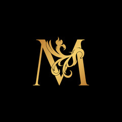 Elegant Luxury Letter M golden logo vector design, alphabet font in art decoration style.