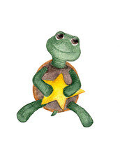 Cute smiling little turtle. Watercolor drawing