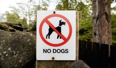 A keep out sign on a tourist countryside trail showing that dogs are banned form walking on the field and land. Dogs bans in public and private places. Dog bans across the world.