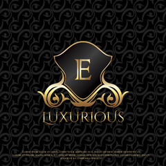 Shield Luxury Logo Letter E Elegance Ornate Floral Leaf Logo Icon Design Template, Classy monogram vintage logo vector design concept for luxuries business