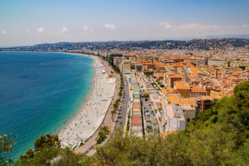 Fototapeta na wymiar View on Promenade des Anglais and Beautiful Beach in Nice, French Riviera, France