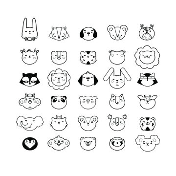 Set of 30 animals and birds faces silhouettes isolated on white for stickers, cards, labels and tags. Minimal style, cat, dog, mouse, rabbit, owl, koala, bear, raccon, tiger, frog, lion, monkey, pig, 