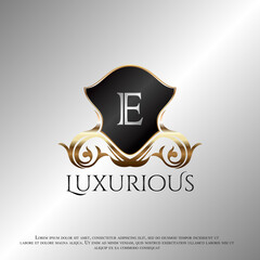 Deco Shield Luxury Letter E Golden Logo Icon Template Vector Design
