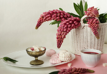 The concept of a happy Sunday morning :a teacup with marshmallows and a bouquet of pink lupine branches on a white background, side view.