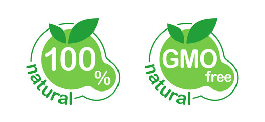 100 natural, GMO free - marking sticker or badge for healthy organic food, vegetarian nutrition - vector set