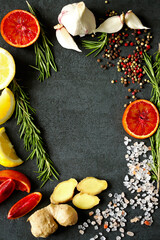 Obraz na płótnie Canvas Food background. Seasonings and spices on a stone board. Selective focus. Macro.