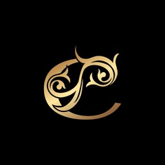 Luxury Gold Letter C Floral Leaf Logo Icon, Classy Vintage vector design concept