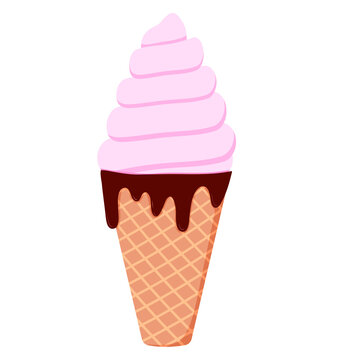 Ice cream in a waffle cone with chocolate. Vector isolated image on a white background.