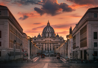 rome view of san peter basilica at sunset - obrazy, fototapety, plakaty