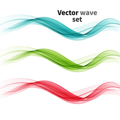 Set of vector blue, green, pink waves, horizontal wavy wave lines on a white background. Design element