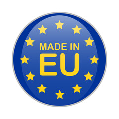 MADE IN EU blue round badge with yellow text and stars. Europe product sign vector illustration isolated on white background.