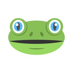 Animated green frog face illustration in flat design style. Frog head icon for creative logo or mascot design.