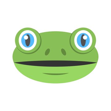 Animated green frog face illustration in flat design style. Frog head icon for creative logo or mascot design.