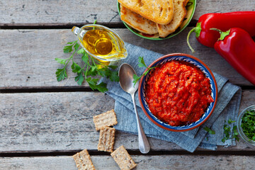 Vegetable relish, chutney, lutenica, pindjur. Traditional Balkan food. Copy space. Top view.