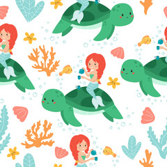 Vector seamless pattern of cute kawaii mermaid with turtle. Tea time. Underwater illustration. Cartoon characters for children.