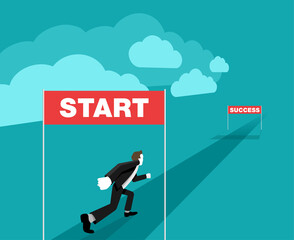 Business startup strategy concept - working career way from start to success (wealth) - businessman running in perspective view - vector illustration