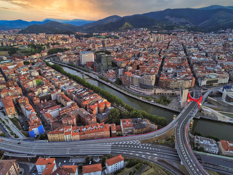 Aerial view of Bilbao, city of Basque country.Spain. Drone Photo