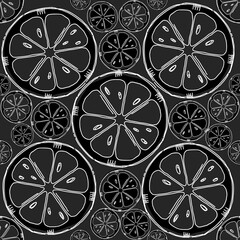 Seamless vector illustration. Black Lemon hand drawing on black background. 