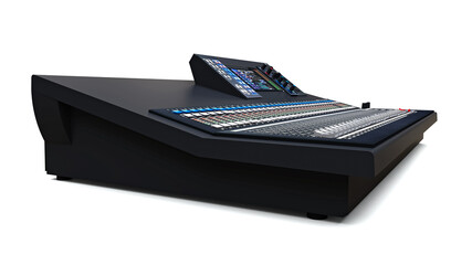 Medium-sized grey mixing console for Studio work and live performances on a white background. 3d rendering.