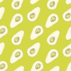 Avocado watercolor. Seamless pattern on a light yellow-green background. Collection of hand-drawn flowers and plants. Watercolor botanical illustrations. Tropical plant.