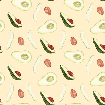 Avocado watercolor. Seamless patternon a light background. Watercolor botanical illustrations. Tropical plant.