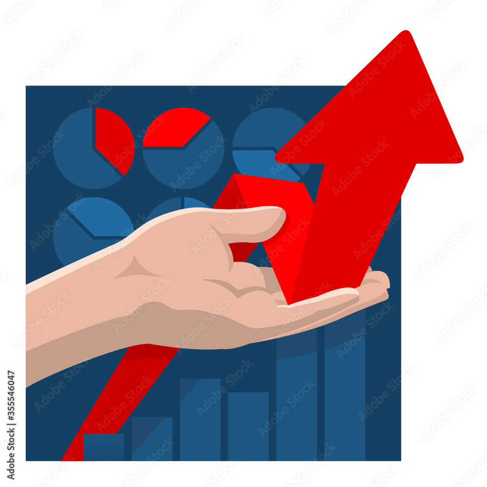 Poster hand colding arrow up (fragment of chart scheme ingographic) - vector business or science support co