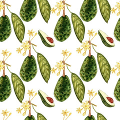 Avocado watercolor. Seamless patternon on white background. Botanical illustrations. Tropical evergreen fruit plant.