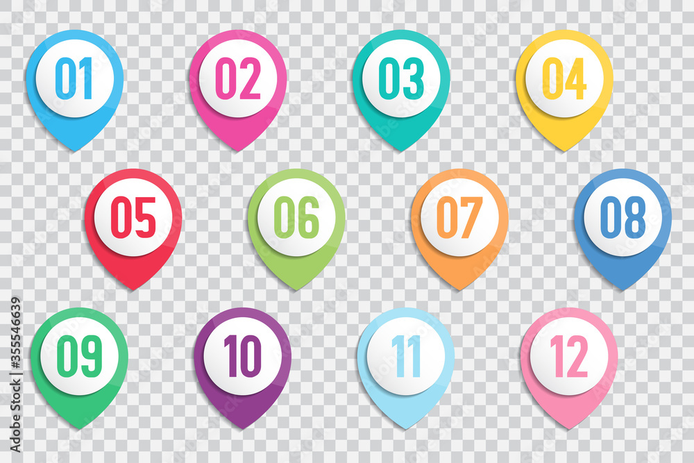 Poster set of number bullet point markers 1 to 12 with shadow