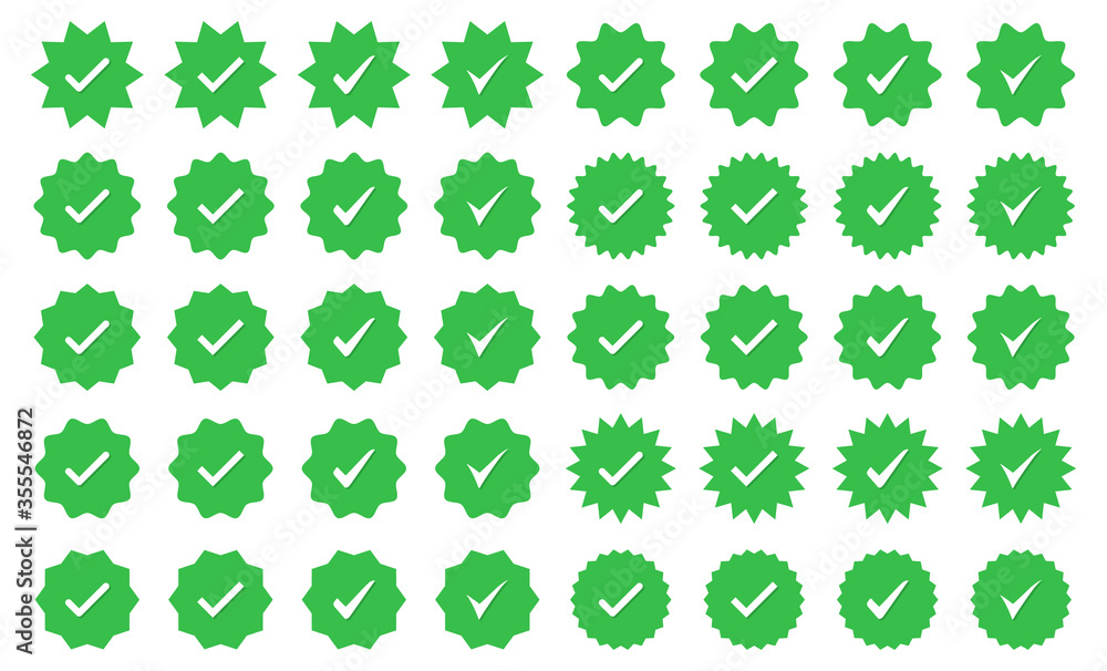 Poster set of green check mark badge icons in a flat design