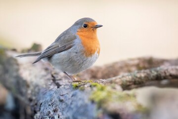 European robin (Erithacus rubecula), beautiful small bird with orange throat, sitting on branch and looking for some meal, diffuse orange background, scene from wild nature, Slovakia.