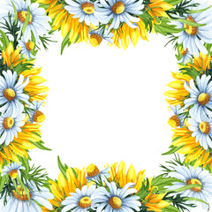 Watercolor floral wreath with sunflowers,chamomiles, leaves, foliage, branches, fern leaves and place for your text. Perfect for wedding invitations, greeting cards. Angled wildflowers  frame.
