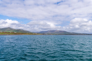 Beautiful aerial view of Beginish Island. Locations worth visiting on the Wild Atlantic Way. Scenic Irish countyside on sunny summer day, County Kerry, Ireland.