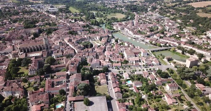 Panoramic aerial view of Condom city on Baise river on sunny summer day, Gers, France