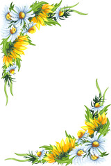 Watercolor floral wreath with sunflowers,chamomiles, leaves, foliage, branches, fern leaves and place for your text. Perfect for wedding invitations, greeting cards. Angled wildflowers  frame.