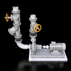 3D model of an industrial pump and pipe section with shut off valves on a black isolated background. 3d illustration.