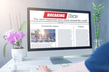 Men reading news on a computer screen. Mockup website. Newspaper and portal on internet.