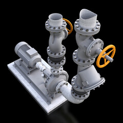3D model of an industrial pump and pipe section with shut off valves on a black isolated background. 3d illustration.