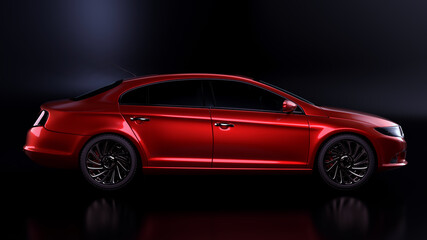 Red sedan on dark background.Side view.