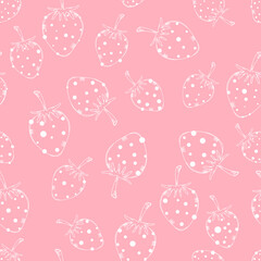 Hand drawn of strawberry. Seamless vector illustration pattern. White lines with white doodle stroke on pink background .